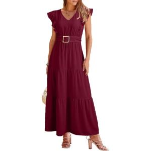 image:imageDokotoo Womens Summer Maxi Dress VNeck Cap Sleeve Ruched Empire Waist Cocktail Dress Wedding Guest DressesWine Red