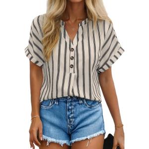 image:imageDokotoo Womens Summer Short Batwing Sleeve Button Shirts Business Casual Striped Color Block V Neck Lightweight Tops BlousesApricot