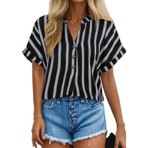 image:imageDokotoo Womens Summer Short Batwing Sleeve Button Shirts Business Casual Striped Color Block V Neck Lightweight Tops BlousesBlack