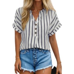 image:imageDokotoo Womens Summer Short Batwing Sleeve Button Shirts Business Casual Striped Color Block V Neck Lightweight Tops BlousesBlue