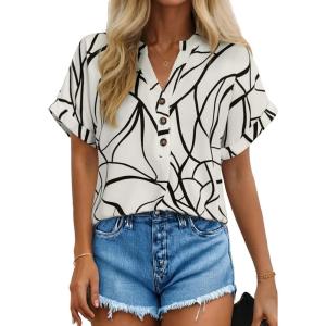 image:imageDokotoo Womens Summer Short Batwing Sleeve Button Shirts Business Casual Striped Color Block V Neck Lightweight Tops BlousesFloral White