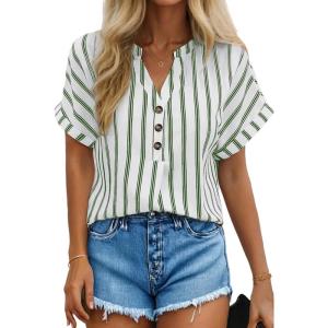 image:imageDokotoo Womens Summer Short Batwing Sleeve Button Shirts Business Casual Striped Color Block V Neck Lightweight Tops BlousesGreen