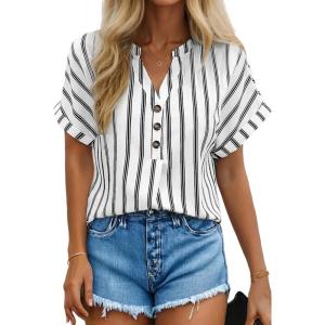 image:imageDokotoo Womens Summer Short Batwing Sleeve Button Shirts Business Casual Striped Color Block V Neck Lightweight Tops BlousesWhite