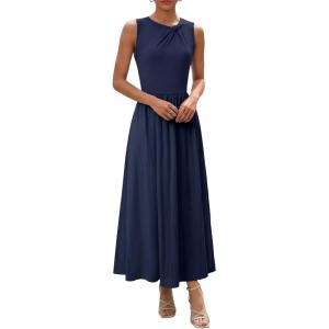 image:imageDokotoo Womens Summer Sleeveless Maxi Dress 2026 Casual Crewneck Twist Knot Stretch a Line Cocktail Dress with PocketNavy Blue