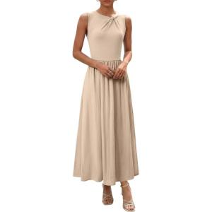 image:imageDokotoo Womens Summer Sleeveless Maxi Dress 2026 Casual Crewneck Twist Knot Stretch a Line Cocktail Dress with PocketParchment