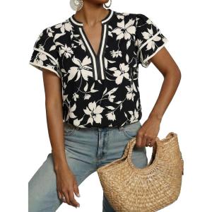 image:imageDokotoo Womens Summer Tops 2026 Boho Floral Ruffle Short Sleeve V Neck Dressy Casual Loose Blouses ShirtsFloral Black