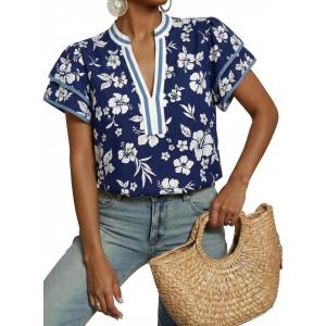 image:imageDokotoo Womens Summer Tops 2026 Boho Floral Ruffle Short Sleeve V Neck Dressy Casual Loose Blouses ShirtsFloral Blue