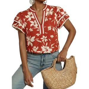 image:imageDokotoo Womens Summer Tops 2026 Boho Floral Ruffle Short Sleeve V Neck Dressy Casual Loose Blouses ShirtsFloral Red