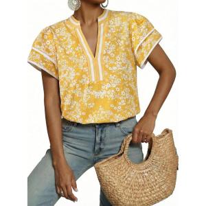 image:imageDokotoo Womens Summer Tops 2026 Boho Floral Ruffle Short Sleeve V Neck Dressy Casual Loose Blouses ShirtsFloral Yellow