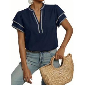 image:imageDokotoo Womens Summer Tops 2026 Boho Floral Ruffle Short Sleeve V Neck Dressy Casual Loose Blouses ShirtsSolid Blue