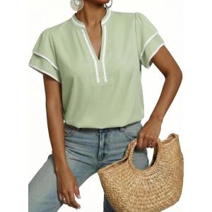 image:imageDokotoo Womens Summer Tops 2026 Boho Floral Ruffle Short Sleeve V Neck Dressy Casual Loose Blouses ShirtsSolid Green