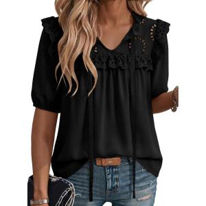 image:imageDokotoo Womens Summer Tops 2026 Boho Short Sleeve V Neck Lace Embroidered Tie Front Casual Loose Blouses ShirtsBlack