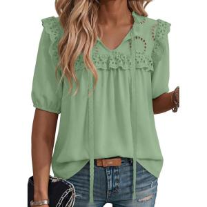 image:imageDokotoo Womens Summer Tops 2026 Boho Short Sleeve V Neck Lace Embroidered Tie Front Casual Loose Blouses ShirtsGreen
