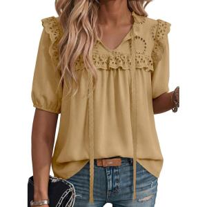 image:imageDokotoo Womens Summer Tops 2026 Boho Short Sleeve V Neck Lace Embroidered Tie Front Casual Loose Blouses ShirtsKhaki