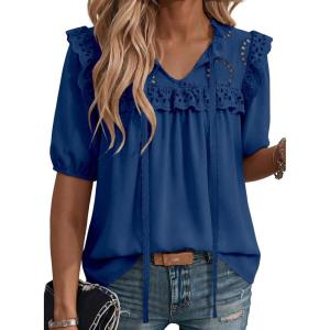 image:imageDokotoo Womens Summer Tops 2026 Boho Short Sleeve V Neck Lace Embroidered Tie Front Casual Loose Blouses ShirtsNavy Blue