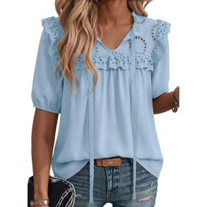 image:imageDokotoo Womens Summer Tops 2026 Boho Short Sleeve V Neck Lace Embroidered Tie Front Casual Loose Blouses ShirtsSky Blue
