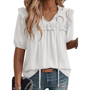 image:imageDokotoo Womens Summer Tops 2026 Boho Short Sleeve V Neck Lace Embroidered Tie Front Casual Loose Blouses ShirtsWhite