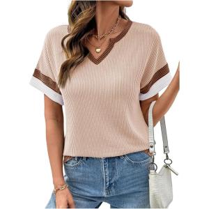 image:imageDokotoo Womens Summer Tops 2026 Colorblock V Neck Short Sleeve T Shirts Dressy Casual Clothes Vacation OutfitsBeige