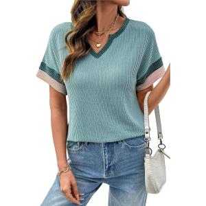 image:imageDokotoo Womens Summer Tops 2026 Colorblock V Neck Short Sleeve T Shirts Dressy Casual Clothes Vacation OutfitsGreen