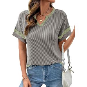 image:imageDokotoo Womens Summer Tops 2026 Colorblock V Neck Short Sleeve T Shirts Dressy Casual Clothes Vacation OutfitsGrey
