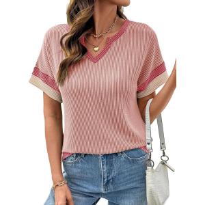 image:imageDokotoo Womens Summer Tops 2026 Colorblock V Neck Short Sleeve T Shirts Dressy Casual Clothes Vacation OutfitsPink