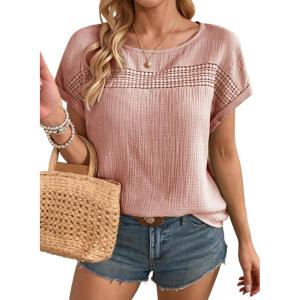 image:imageDokotoo Womens Summer Tops 2026 Crewneck Short Sleeve Hollow Out TShirts Casual Loose Solid Color Blouses ShirtsLight Pink