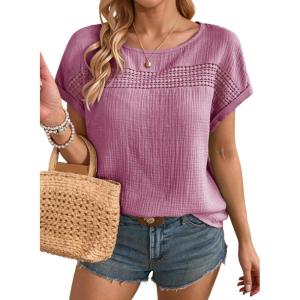 image:imageDokotoo Womens Summer Tops 2026 Crewneck Short Sleeve Hollow Out TShirts Casual Loose Solid Color Blouses ShirtsRose