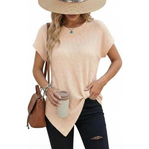 image:imageDokotoo Womens Summer Tops 2026 Crewneck Waffle Knit Cap Sleeve Shirts Casual Loose Twist Knot Tunic BlousesApricot