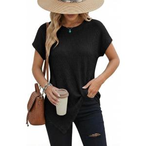 image:imageDokotoo Womens Summer Tops 2026 Crewneck Waffle Knit Cap Sleeve Shirts Casual Loose Twist Knot Tunic BlousesBlack
