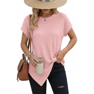 image:imageDokotoo Womens Summer Tops 2026 Crewneck Waffle Knit Cap Sleeve Shirts Casual Loose Twist Knot Tunic BlousesPink