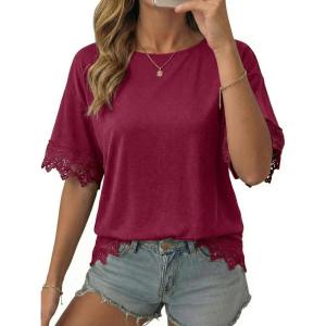 image:imageDokotoo Womens Summer Tops 2026 Oversized Short Sleeve Shirts Casual Loose Lace Patchwork Tshirt Fashion OutfitsBurgundy