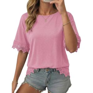 image:imageDokotoo Womens Summer Tops 2026 Oversized Short Sleeve Shirts Casual Loose Lace Patchwork Tshirt Fashion OutfitsPink