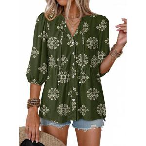image:imageDokotoo Womens Summer Tops Boho Floral Short Sleeve Button Down V Neck Peplum Babydoll Casual Loose Blouses ShirtsArmy Green