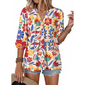 image:imageDokotoo Womens Summer Tops Boho Floral Short Sleeve Button Down V Neck Peplum Babydoll Casual Loose Blouses ShirtsRed