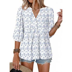 image:imageDokotoo Womens Summer Tops Boho Floral Short Sleeve Button Down V Neck Peplum Babydoll Casual Loose Blouses ShirtsSky Blue