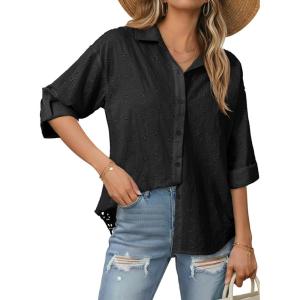 image:imageDokotoo Womens Summer Tops Casual Button Down Long Sleeve Shirts for Women Loose Soft Cotton Hollow Out BlousesBlack