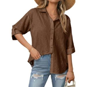 image:imageDokotoo Womens Summer Tops Casual Button Down Long Sleeve Shirts for Women Loose Soft Cotton Hollow Out BlousesCoffee