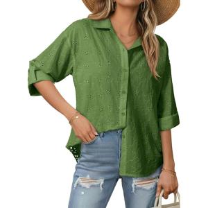 image:imageDokotoo Womens Summer Tops Casual Button Down Long Sleeve Shirts for Women Loose Soft Cotton Hollow Out BlousesGreen