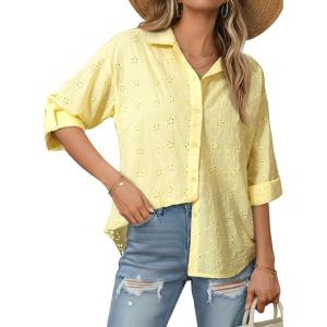 image:imageDokotoo Womens Summer Tops Casual Button Down Long Sleeve Shirts for Women Loose Soft Cotton Hollow Out BlousesYellow Cream