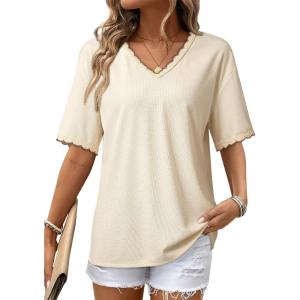 image:imageDokotoo Womens Summer Tops Casual Short Sleeve Lace TShirts Solid V Neck Waffle Knit Shirts BlousesApricot
