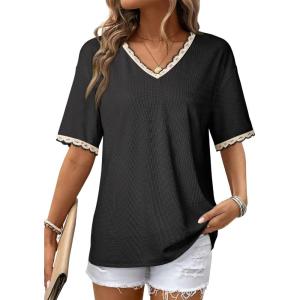 image:imageDokotoo Womens Summer Tops Casual Short Sleeve Lace TShirts Solid V Neck Waffle Knit Shirts BlousesBlack