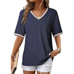 image:imageDokotoo Womens Summer Tops Casual Short Sleeve Lace TShirts Solid V Neck Waffle Knit Shirts BlousesBlue