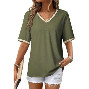 image:imageDokotoo Womens Summer Tops Casual Short Sleeve Lace TShirts Solid V Neck Waffle Knit Shirts BlousesGreen