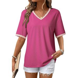 image:imageDokotoo Womens Summer Tops Casual Short Sleeve Lace TShirts Solid V Neck Waffle Knit Shirts BlousesHot Pink