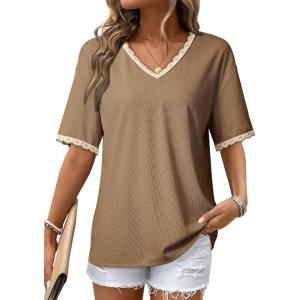image:imageDokotoo Womens Summer Tops Casual Short Sleeve Lace TShirts Solid V Neck Waffle Knit Shirts BlousesKhaki