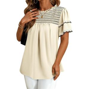 image:imageDokotoo Womens Summer Tops Crewneck Ruffle Short Sleeve Shirts Casual Pleated Blouses Flowy Boho ClothingBeige