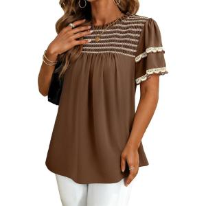 image:imageDokotoo Womens Summer Tops Crewneck Ruffle Short Sleeve Shirts Casual Pleated Blouses Flowy Boho ClothingCoffee