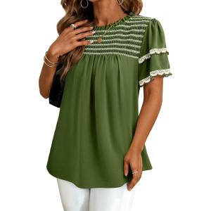 image:imageDokotoo Womens Summer Tops Crewneck Ruffle Short Sleeve Shirts Casual Pleated Blouses Flowy Boho ClothingGreen
