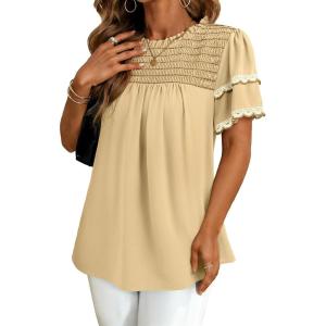 image:imageDokotoo Womens Summer Tops Crewneck Ruffle Short Sleeve Shirts Casual Pleated Blouses Flowy Boho ClothingKhaki