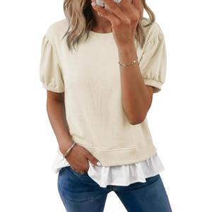 image:imageDokotoo Womens Summer Tops Cute Short Sleeve Crewneck Sweatshirts Tops Casual Blouses ShirtsApricot